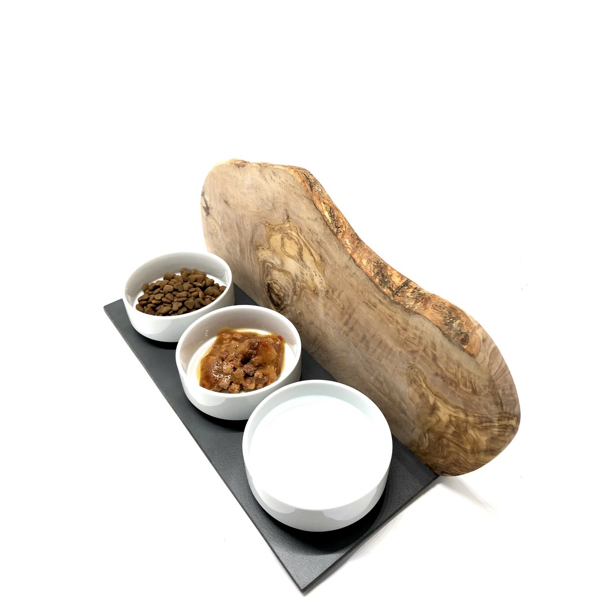 Prachtig voerstation voor je kat van olijfhout met 3 bakken